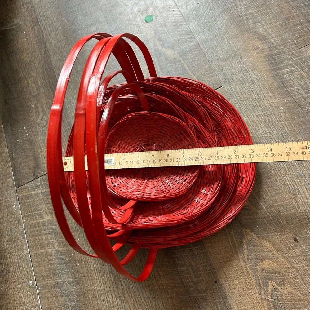 Red Woven Bamboo Nesting Baskets Set of 6 Round Shallow Trays with Handles